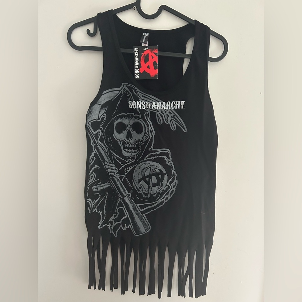 NWTSons of Anarchy Women's Fringe Black Tank Top With Gothic Reaper Logo small